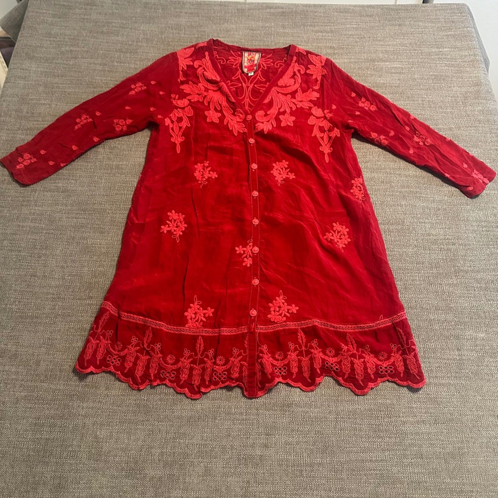 Johnny Was Embroidered Tunic Dress Womens Medium Red Boho Floral